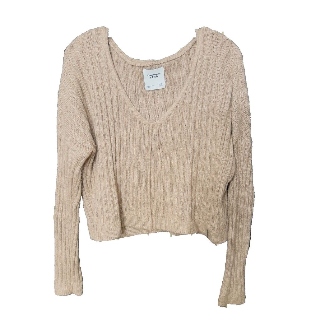 Abercrombie & Fitch Womens Beige Sweater- Short, Oversized, SOFT, V-Neck- M